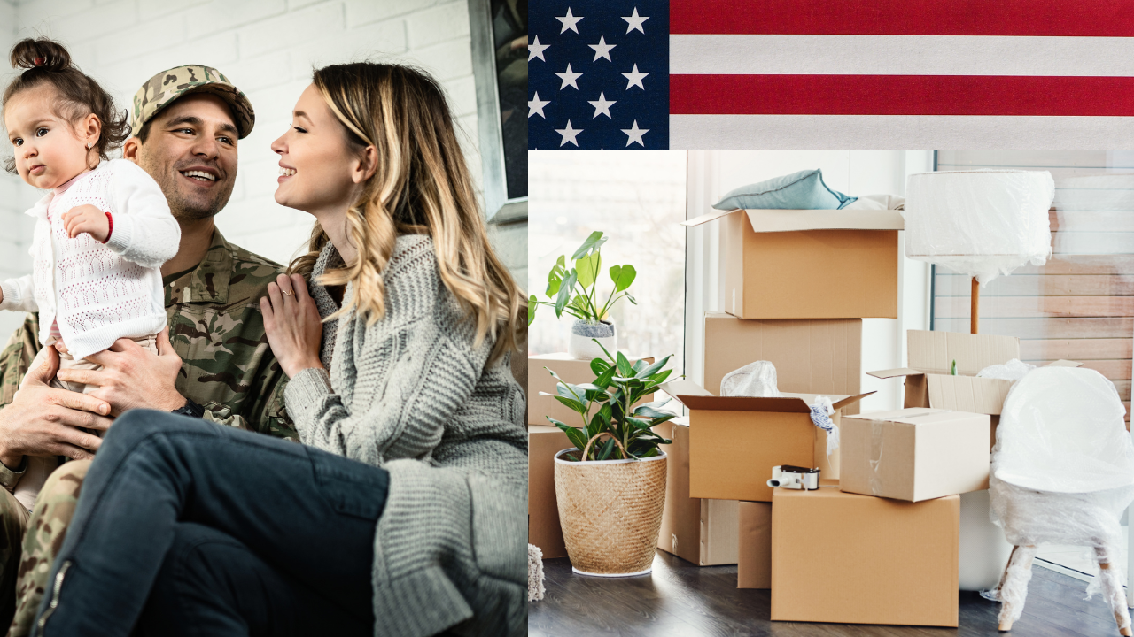 Military family with their young daughter beside moving boxes and an American flag