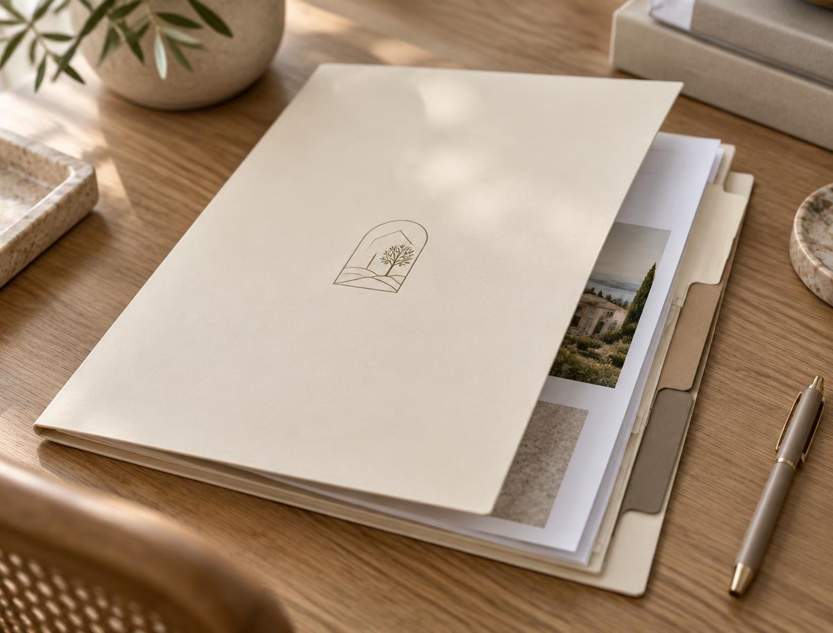The Life Transition Kit — a cream folder with labeled document pockets on a desk