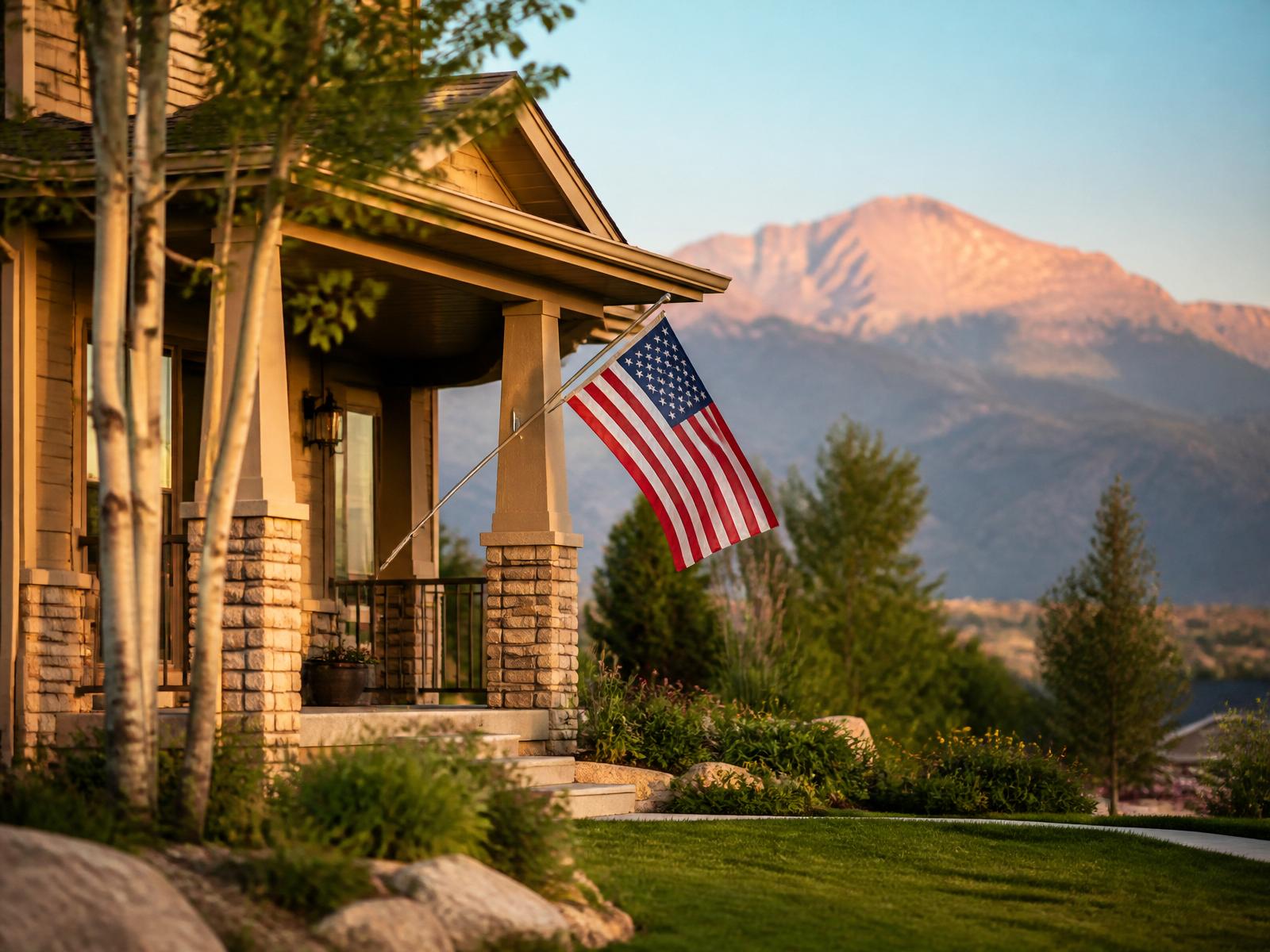 Colorado Springs home with American flag on the porch and Pikes Peak in the background